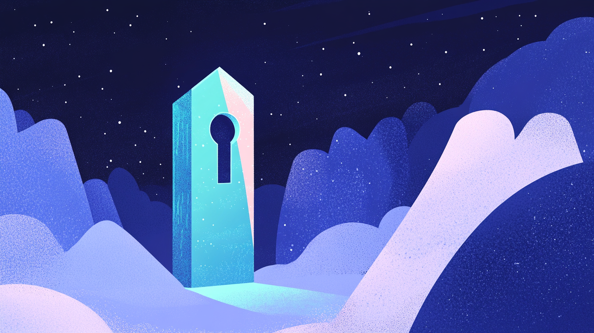 Encrypted geometric crystal with a keyhole, surrounded by clouds